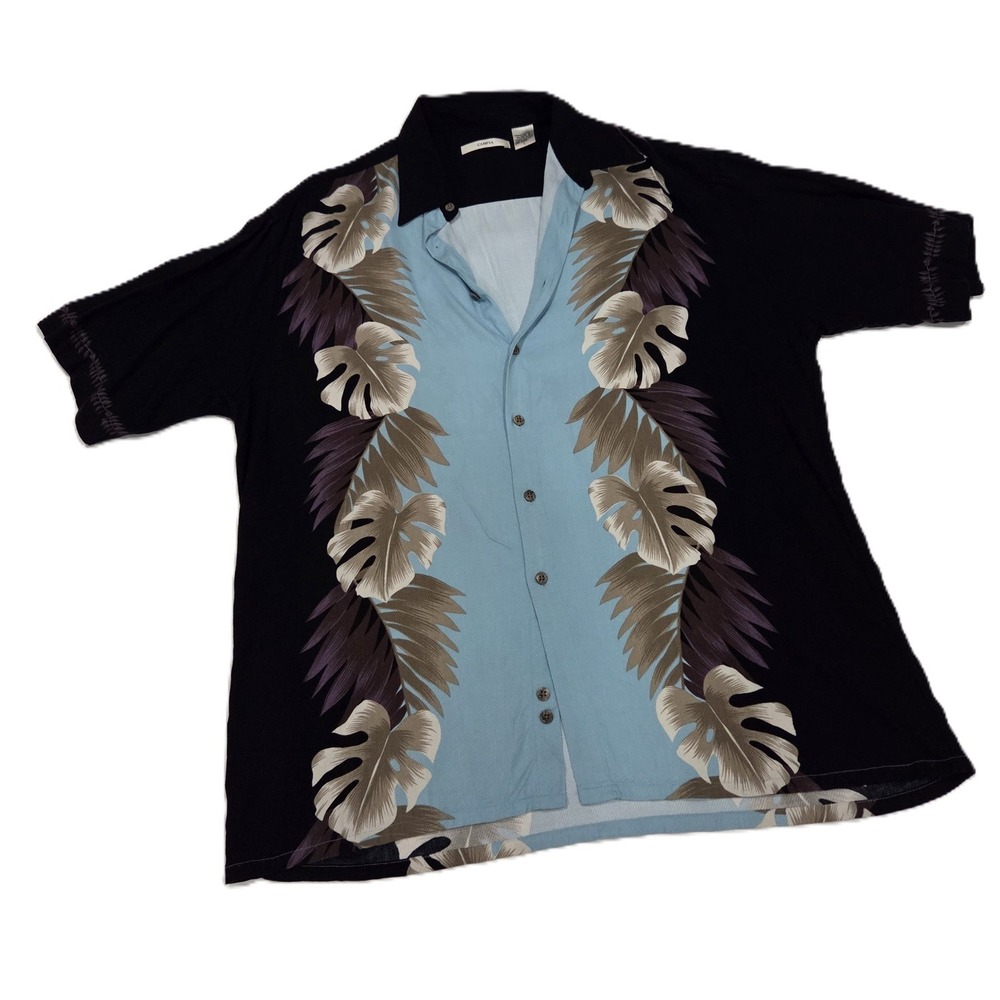 Hawaiian Aloha Tiki Party Shirt Moda Campia Palm Black Blue Vintage Men's L